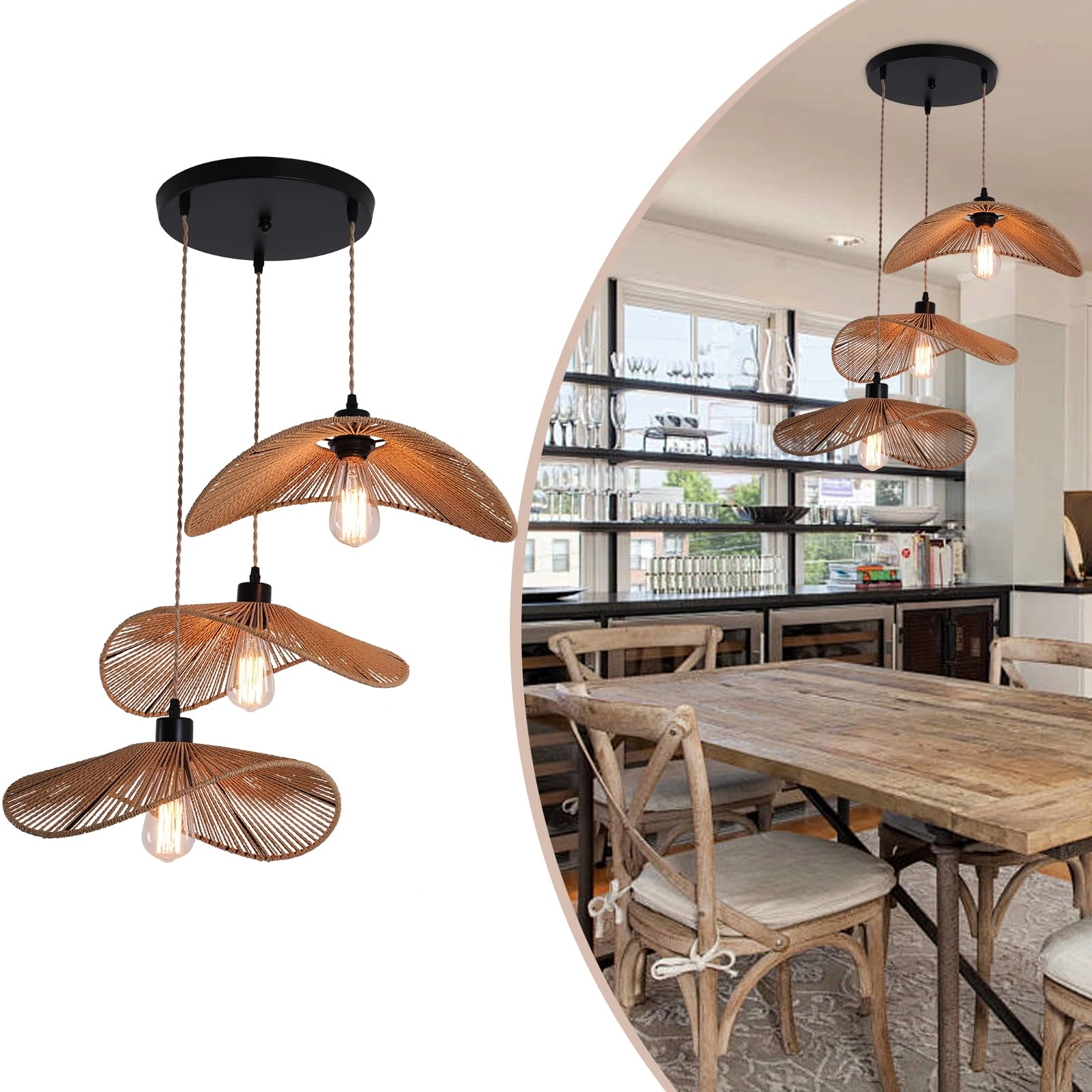 Garwarm Rattan Pendant Light - 3-Lights Adjustable 41cm