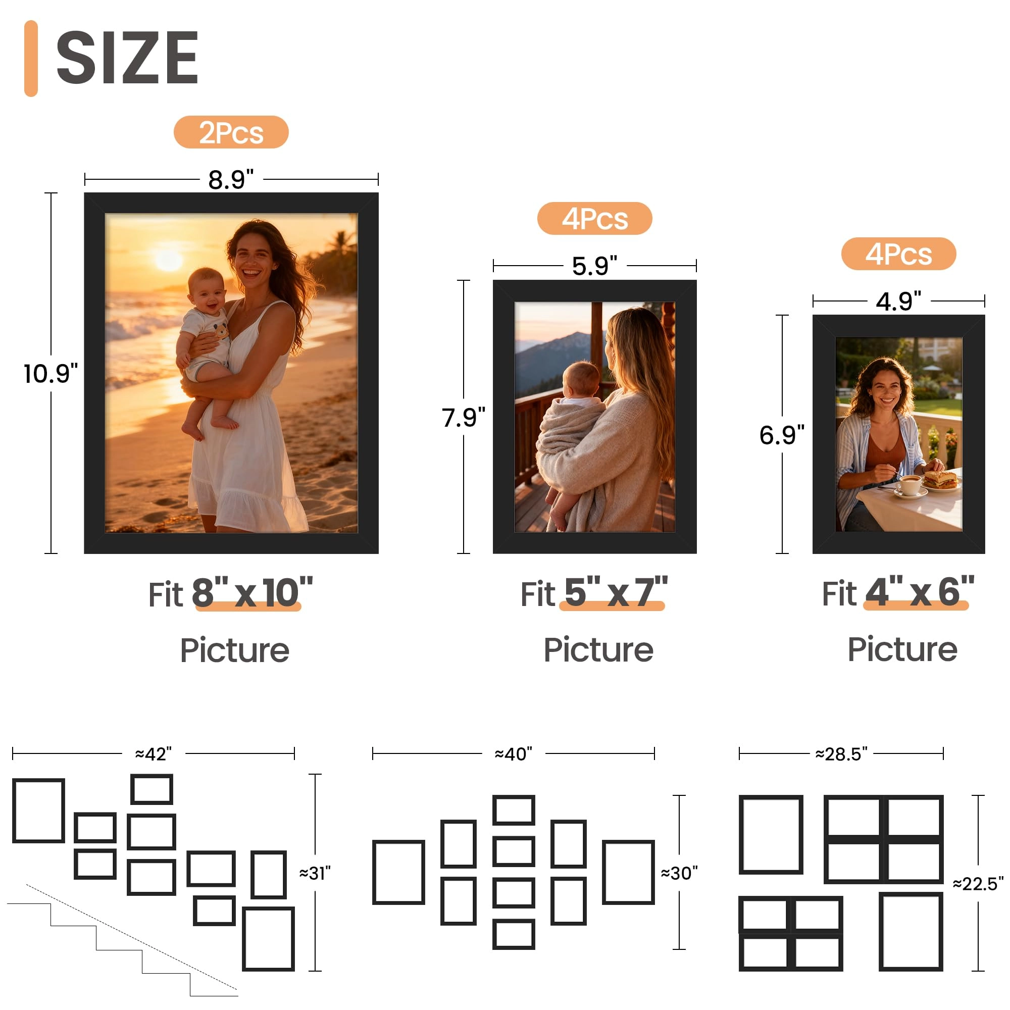 10 Pack Picture Frames - 8x10, 5x7, 4x6