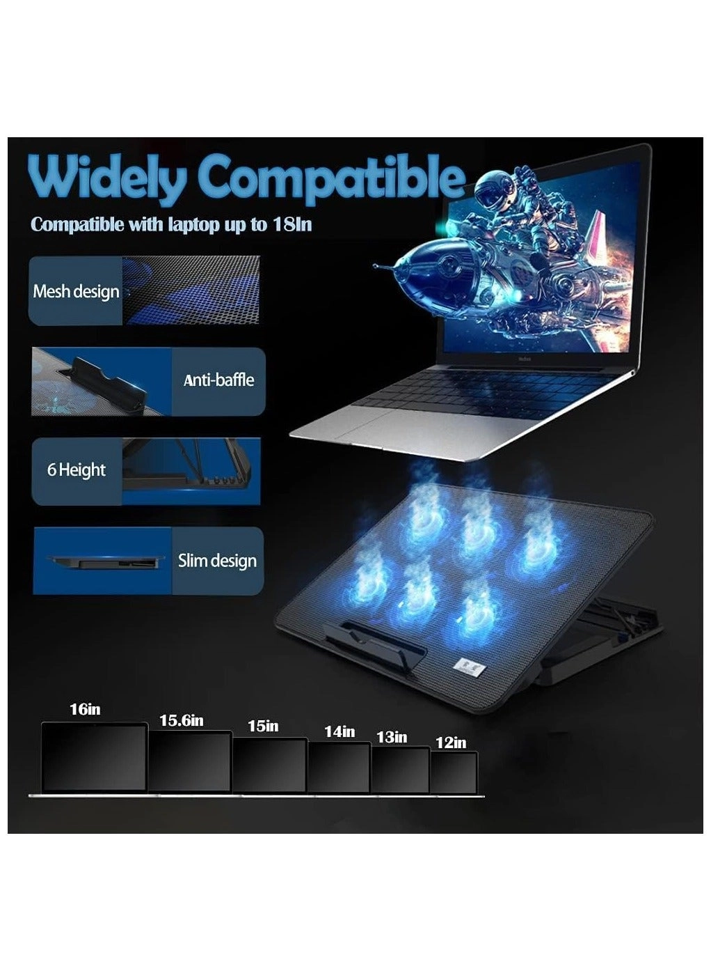 Gaming laptop cooling pad - 6 fans 12-21-inch