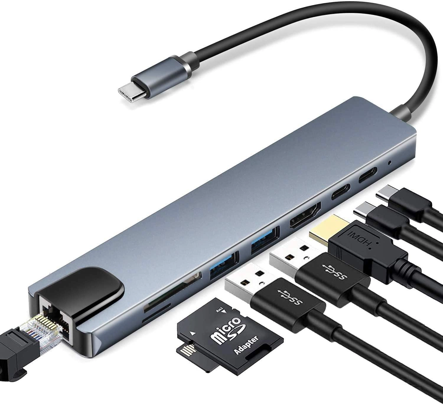 8 in 1 USB-C Hub - Gigabit Ethernet HDMI Pass-Through