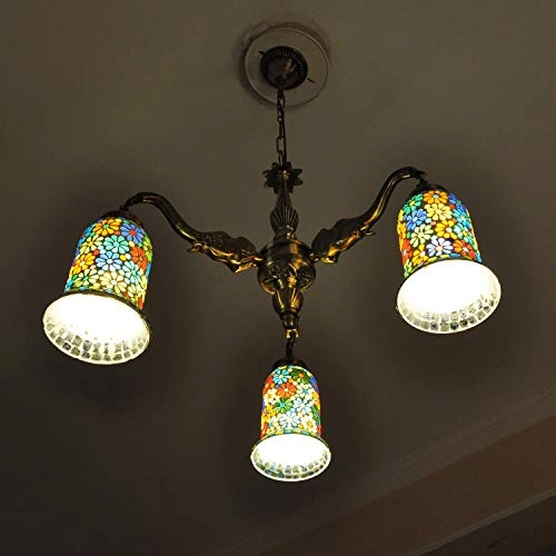 Multicolor Mosaic Glass Lighting Ceiling 3-Light Chandeliers - 31 x 20 Inch