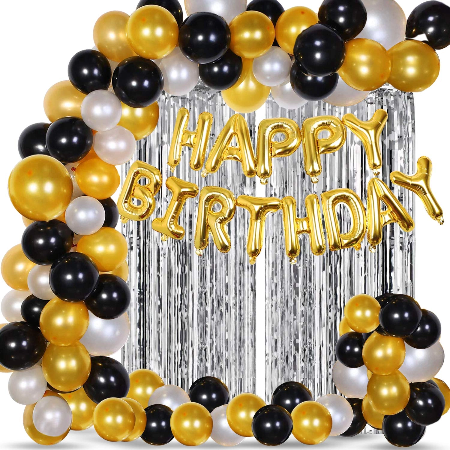 Happy Birthday Foil Balloons + Silver Fringe Curtain - 2 Pcs + Metallic Balloons - 50 Pcs