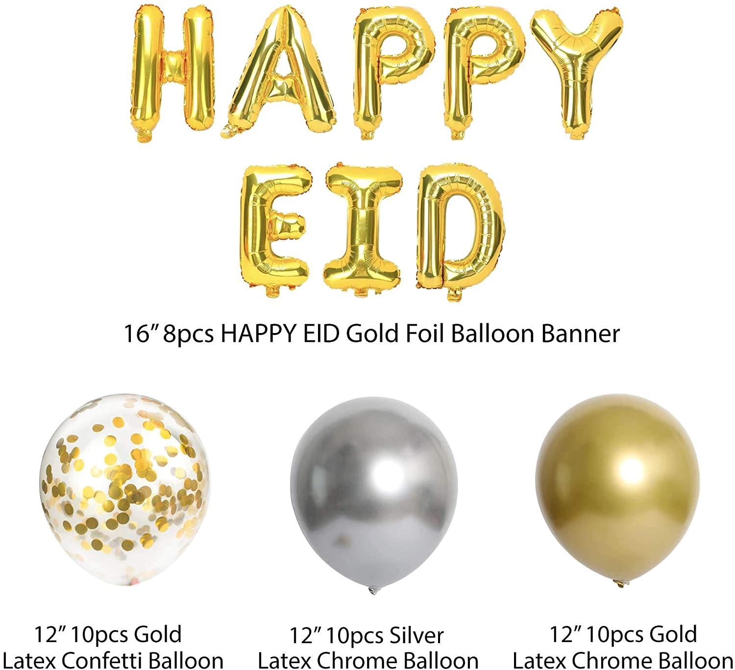 Latex Balloons + Eid Mubarak Foil Balloons - 65pcs Ramadan