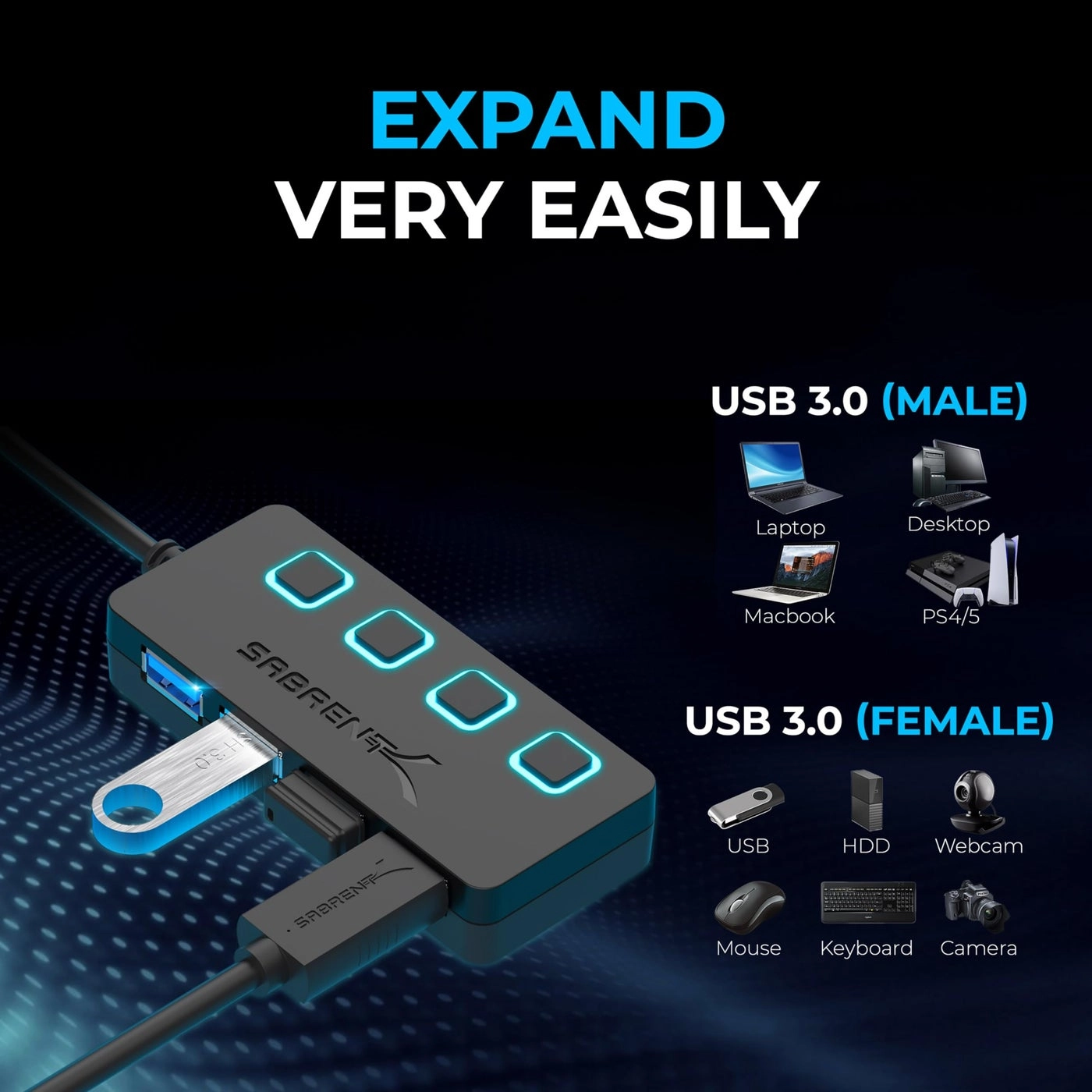 4 Port USB 3.0 Hub - Individual Power Switches 5V/2.5A Power Adapter