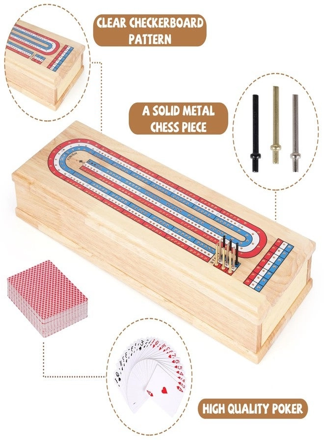 Cribbage Board - Wooden 3-Track with Storage Drawer & Metal Pegs