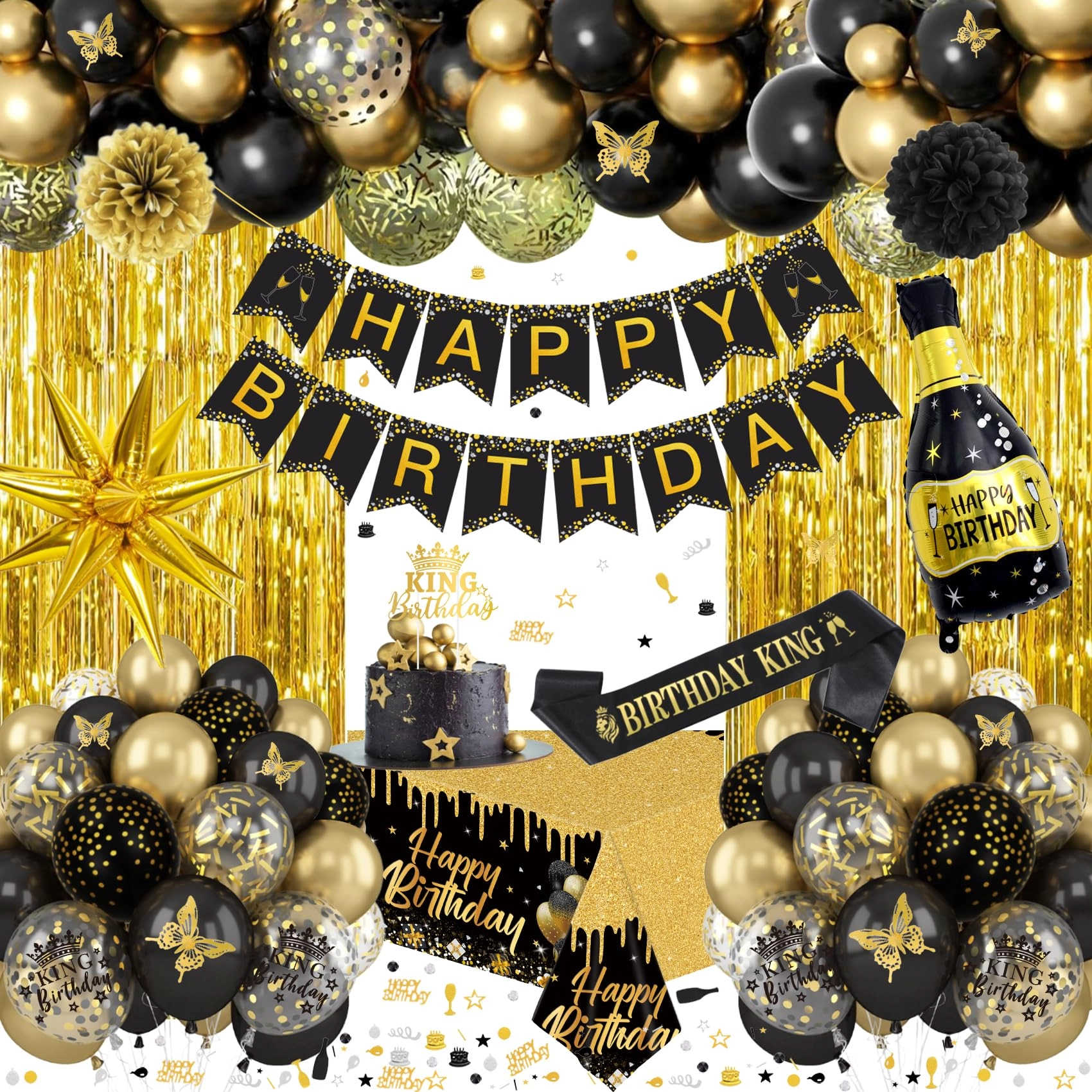 WEQTWL Happy Birthday Banner + Bday King Sash + Latex Confetti Balloons + 3D Butterfly + Fringe Curtain + Tablecloth + Pom Poms - Birthday
