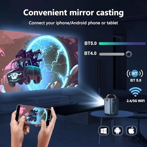 Portable Mini Projector For Home Theater, HD 1080P 5G WiFi Bluetooth Projector For Outdoor Movies, 4K Supported, Android TV 10.0, 200" Display Home Video Projector Compatible With iOS/Android/HDMI