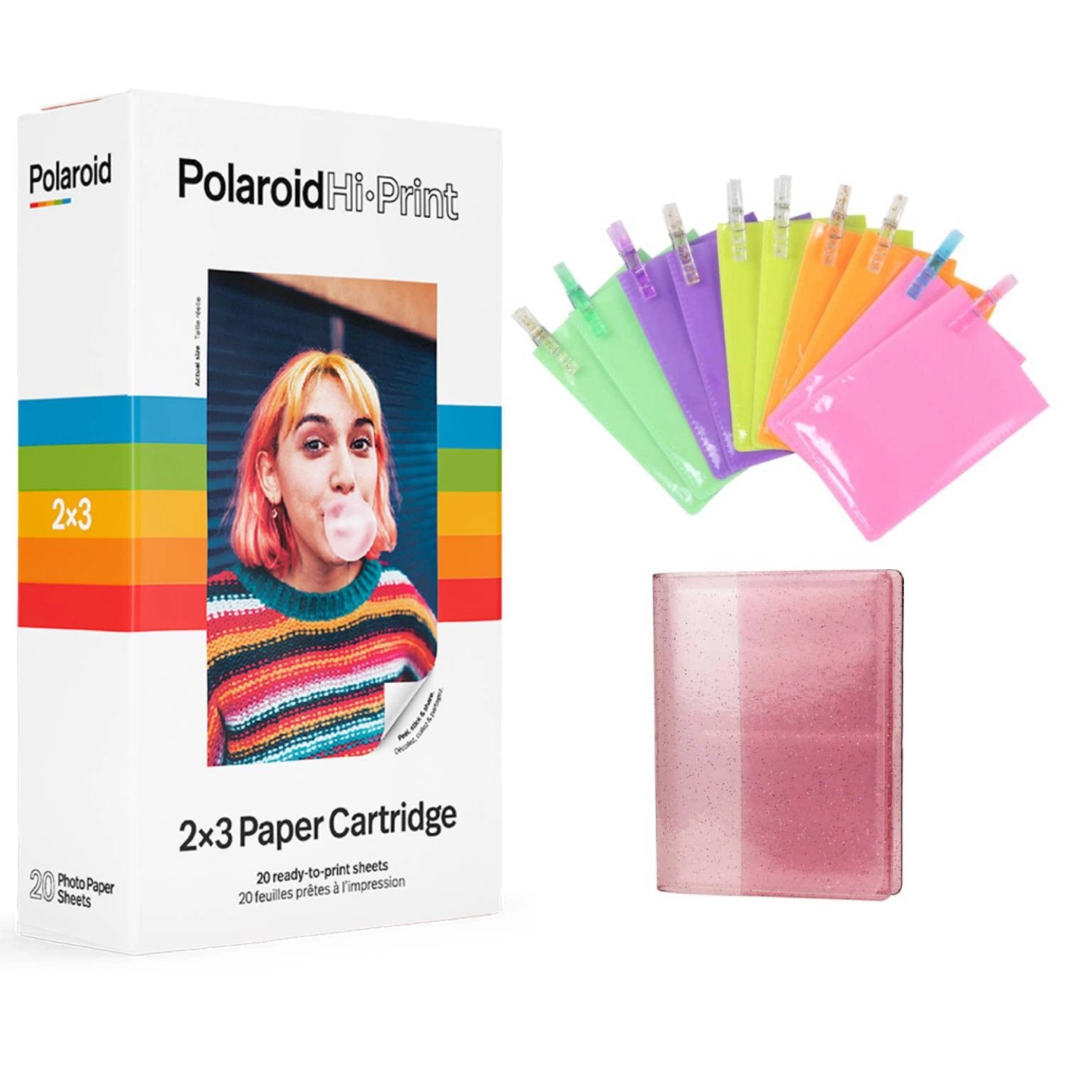 Polaroid Hi-Print Paper Cartridge - 20 sheets 2x3 + Caiul Photo Album - 64 Photos Blush Pink Glitter + Caiul Hanging Photo Frame - Assorted Neon Colors