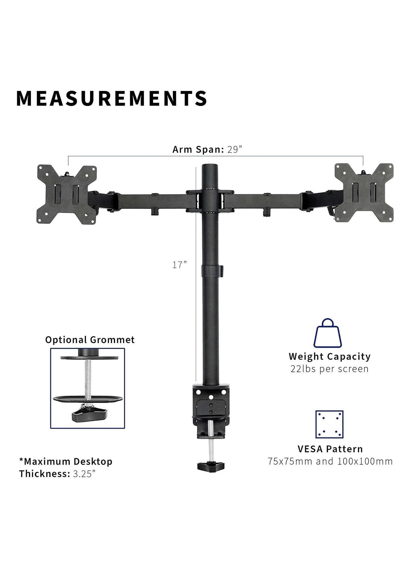 Dual Monitor Desk Mount - 2 13 to 32 inches 75x75mm or 100x100mm