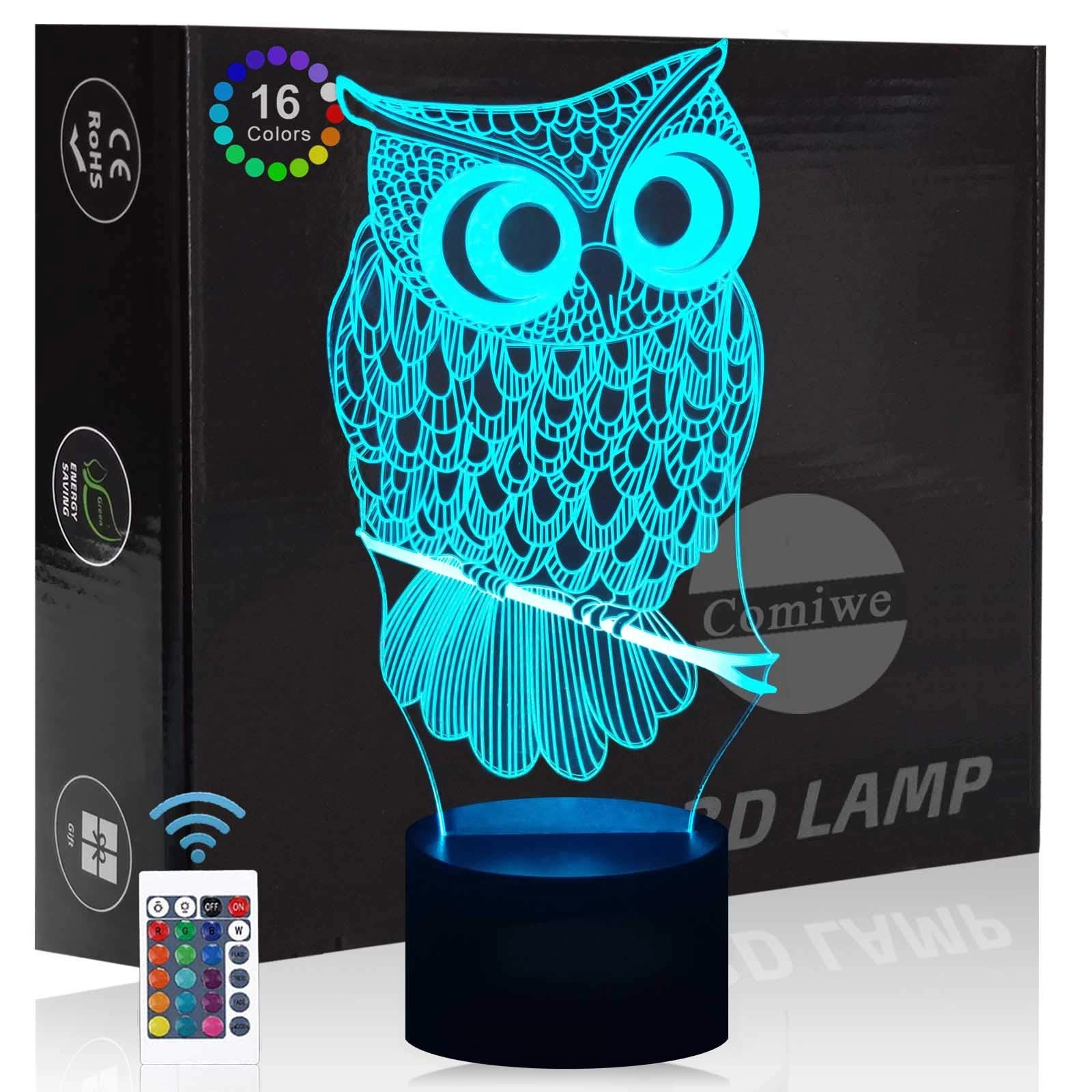 KOLITEE Owl 3D Illusion Night Light - 16 Colours Remote Control