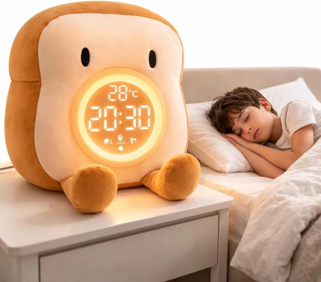 Jollyza Toys Cute Toast Plush Alarm Clock - USB Rechargeable Warm LED