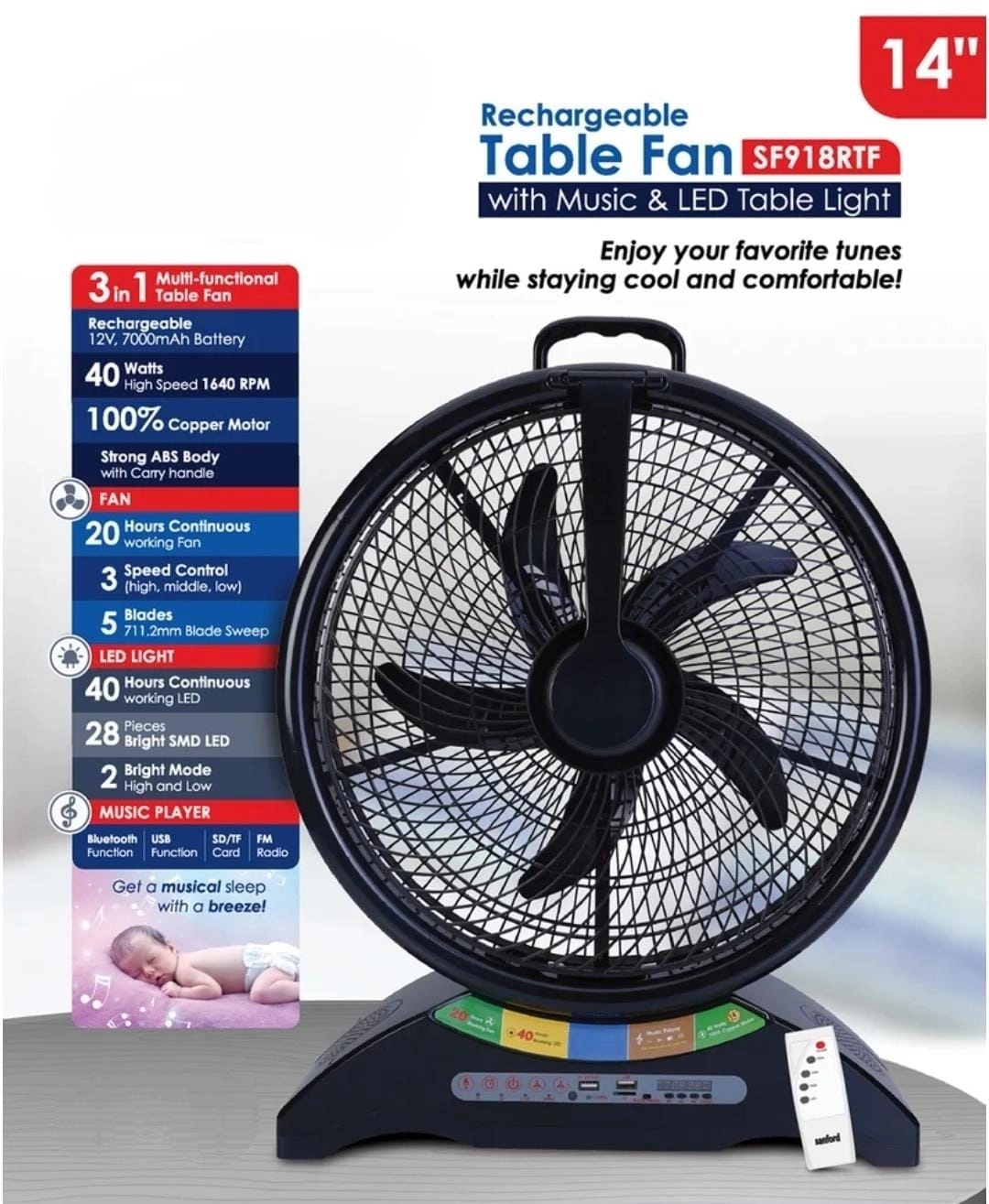 Rechargeable Table Fan - 14-Inch 28 LED Lights Music Player