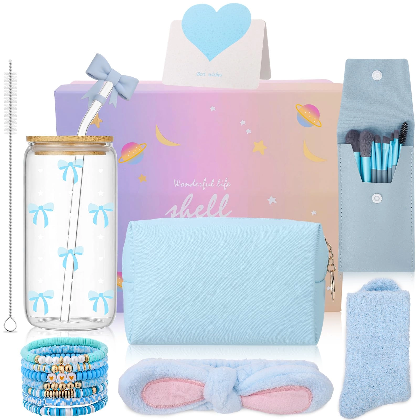 saerryor Glass Cup - with Lid and Straw + Makeup Brushes - 7 pcs + Cosmetic Bag + Bracelets + Socks + Headband