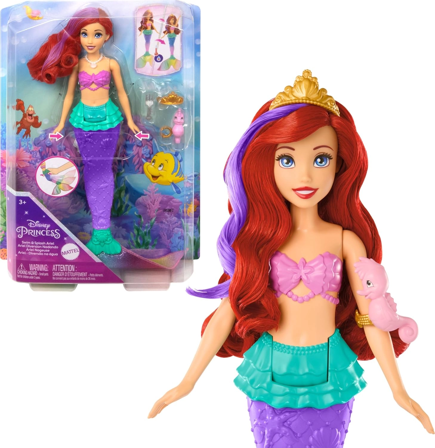 Ariel Swimming Mermaid Doll - Color-change hair and tail Includes seahorse friend