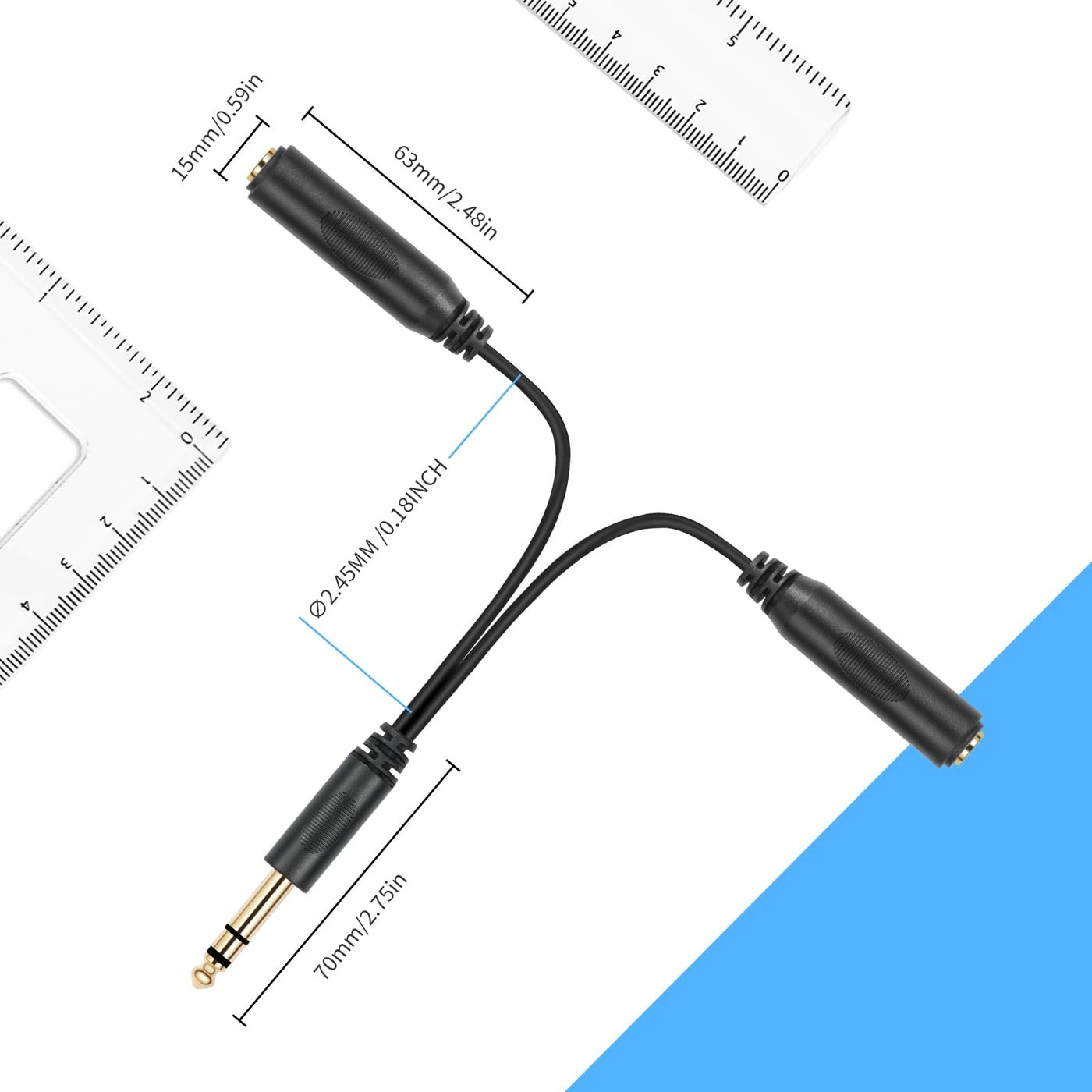 6.35mm 1/4 inch Male Plug Stereo to 2 Dual 1/4 "TRS Female Jack Connector Audio Speaker Cable, Y Splitter Adapter Cable - 20CM / 8Inch