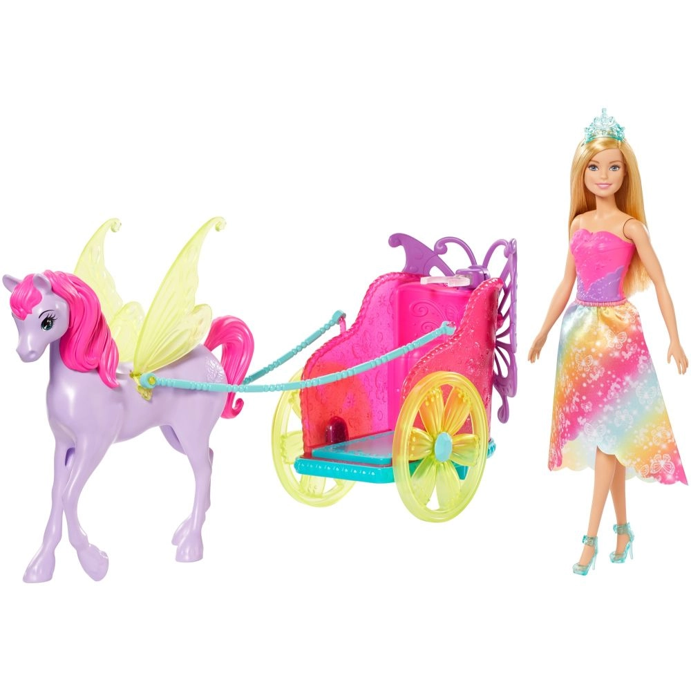 Barbie Dreamtopia Princess Doll - 11.5-in Blonde + Fantasy Horse - Translucent Yellow Wings + Chariot - Vibrant Pink
