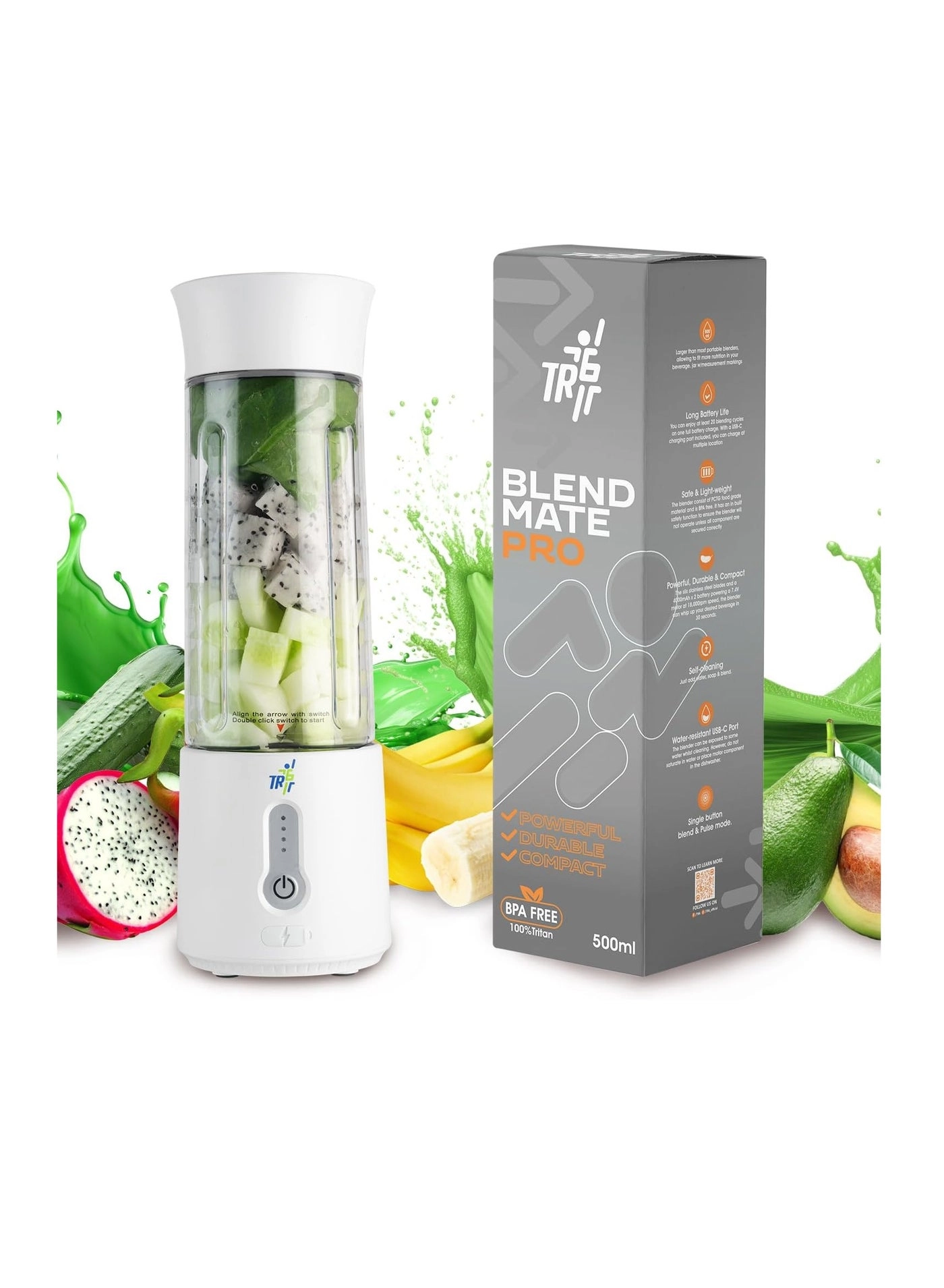 TR6 Blendmate Pro - Portable Blender USB-C 4000mAh Handle Lid (Grey)
