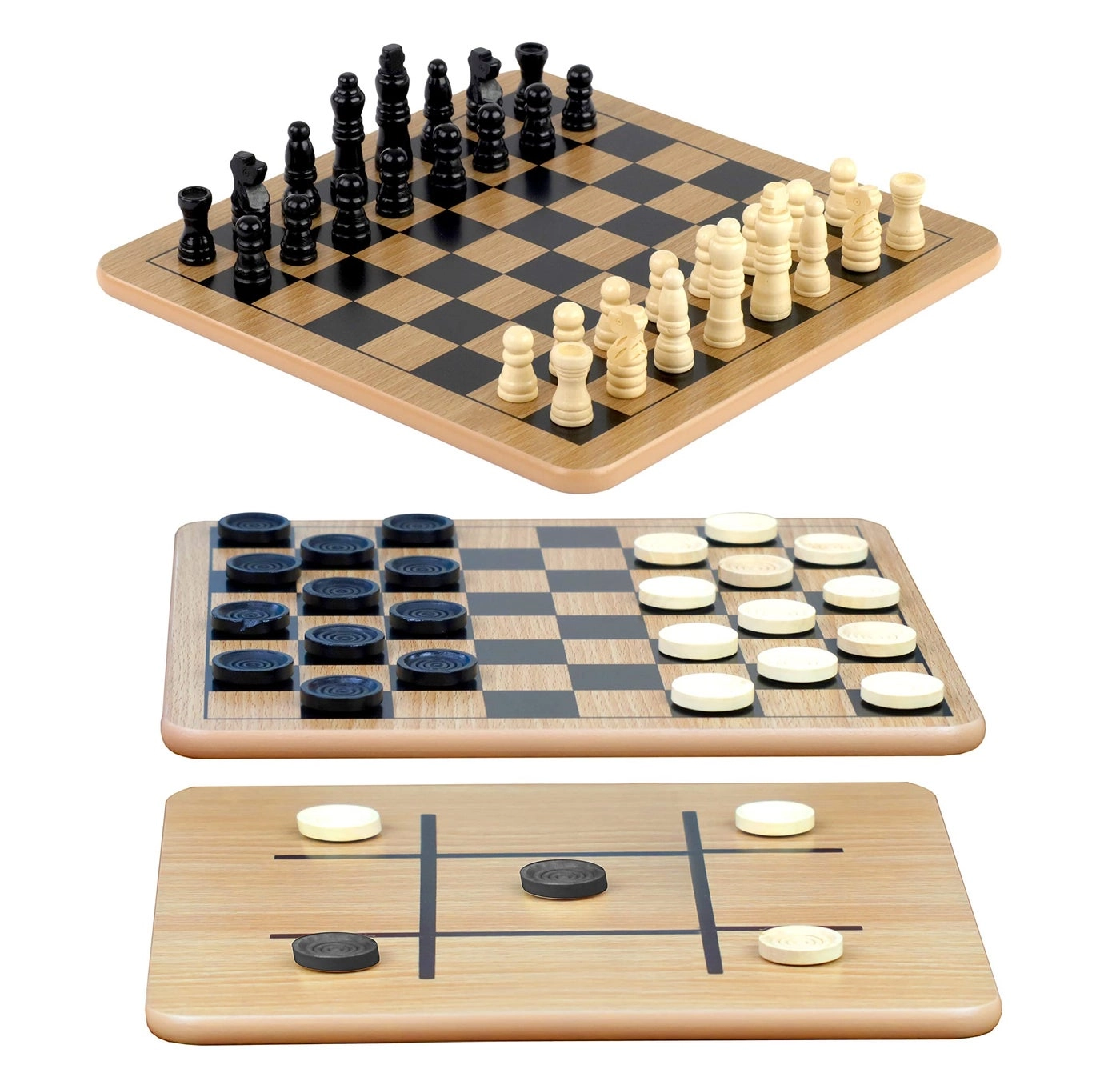Reversible Wooden Board - Chess Checkers Tic-Tac-Toe