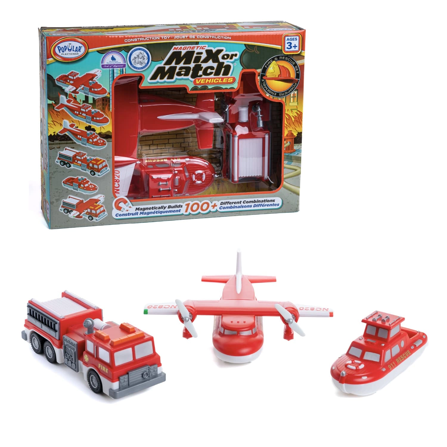 Popular Playthings Magnetic Mix or Match Vehicles - 3pcs Fire & Rescue