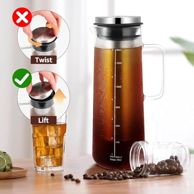 Cold Brew Pitcher - Glass Stainless Steel Filter Airtight
