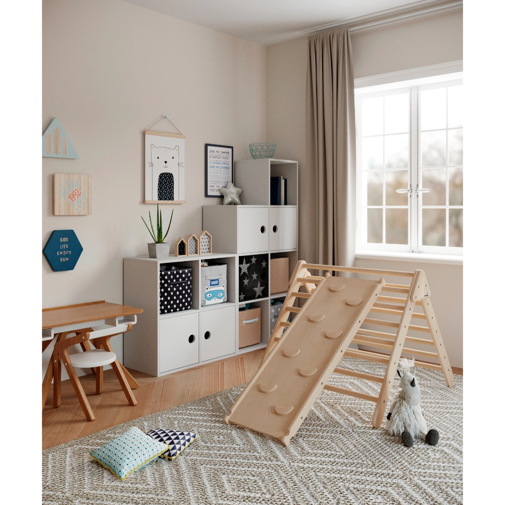 Pikler Triangle - Foldable Natural 80 x 90 x 102 cm + Reversible Ramp - 116 x 41 cm