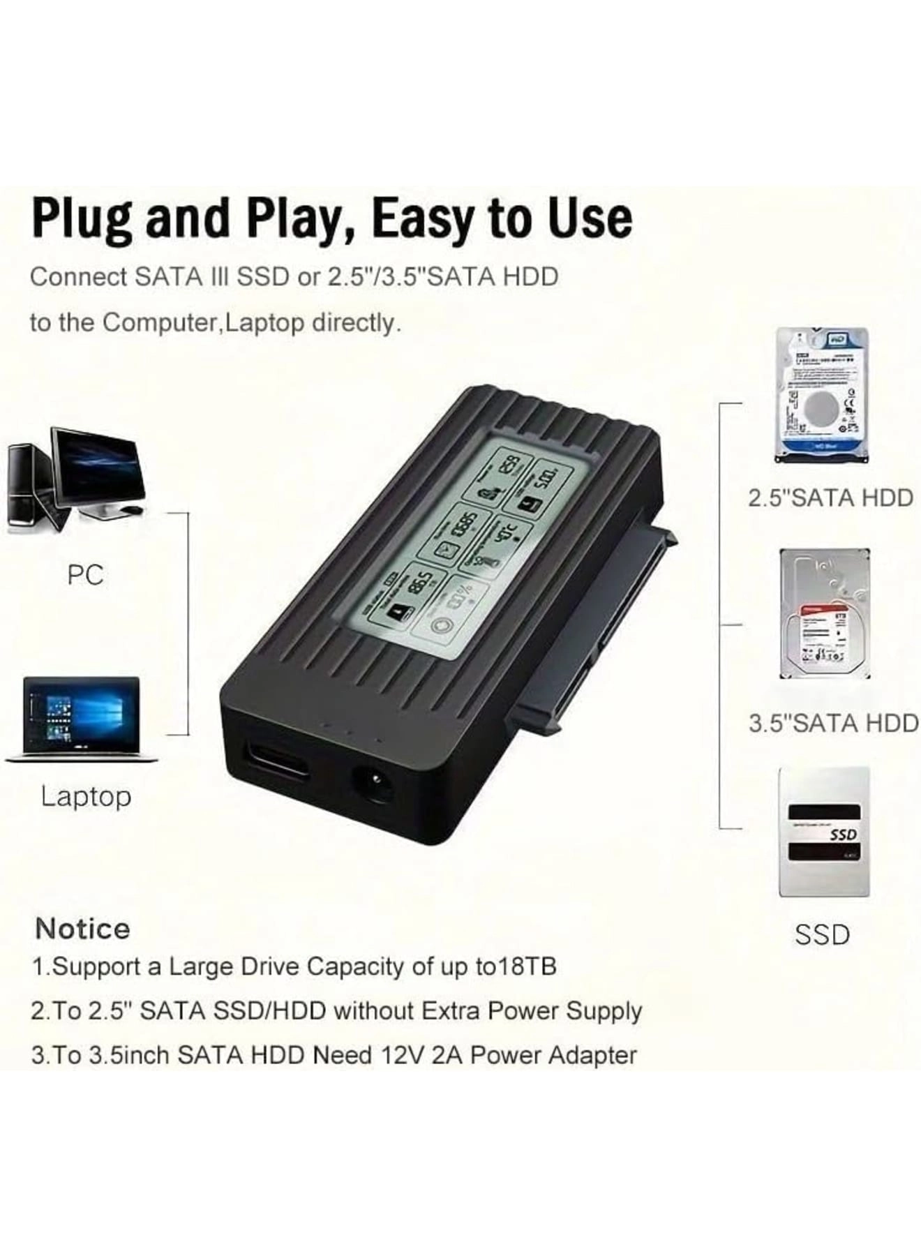 SATA to USB Adapter Cable - USB 3.2/3.1/3.0 Type-C LCD Speed Display