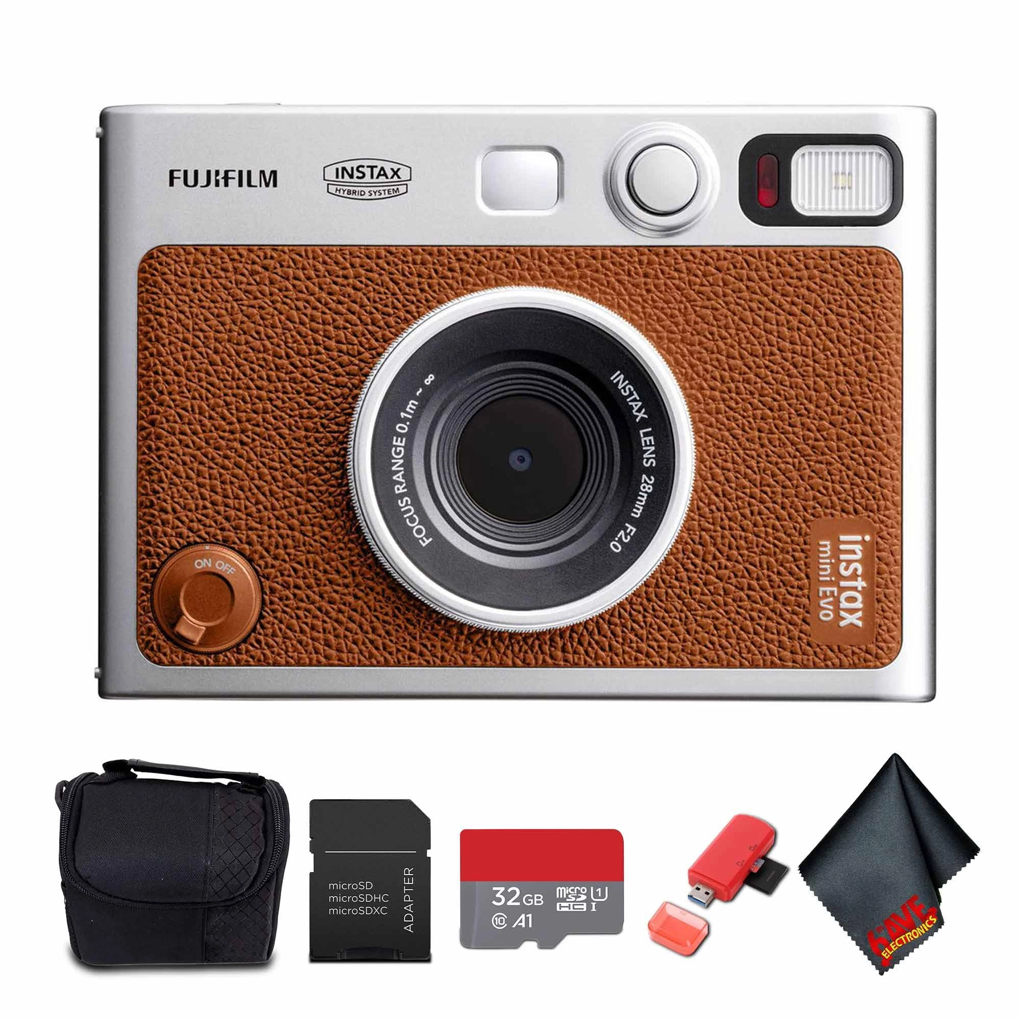 Instax Mini EVO - Brown + Instax Mini Instant Film Sheets - 60 Sheets + microSD Memory Card - 32GB + Small Padded Carrying Case + SD Card Reader + Microfiber Cleaning Cloth