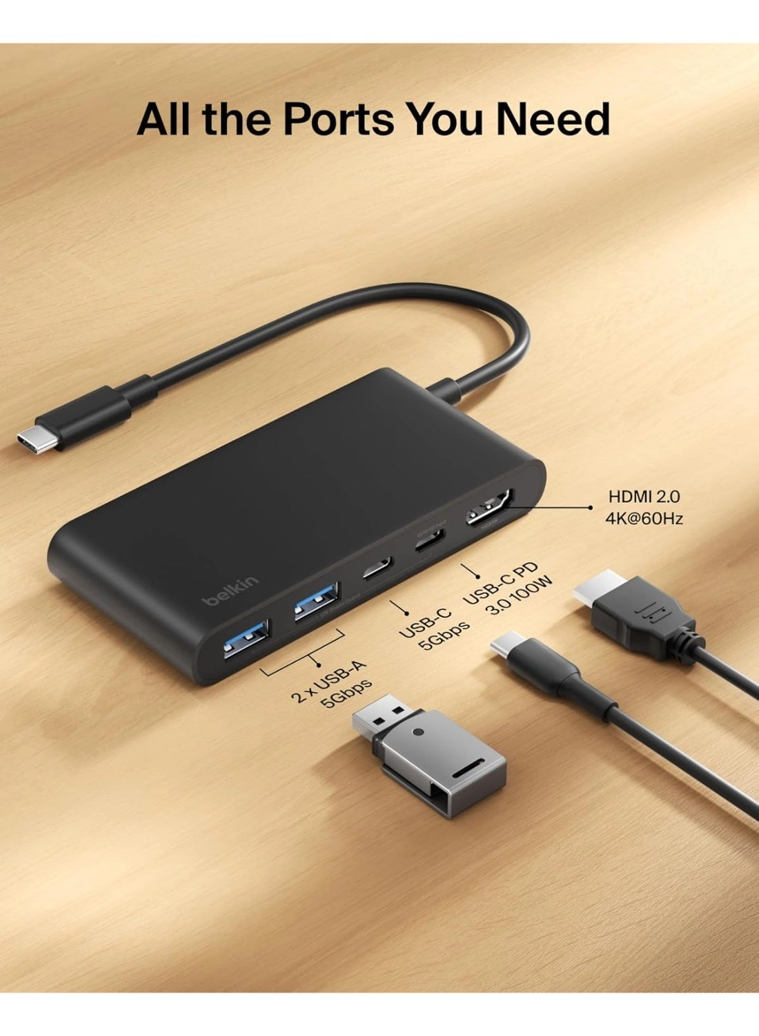 5-In-1 USB-C Multiport Hub Adapter - 4K 60Hz 100W PD