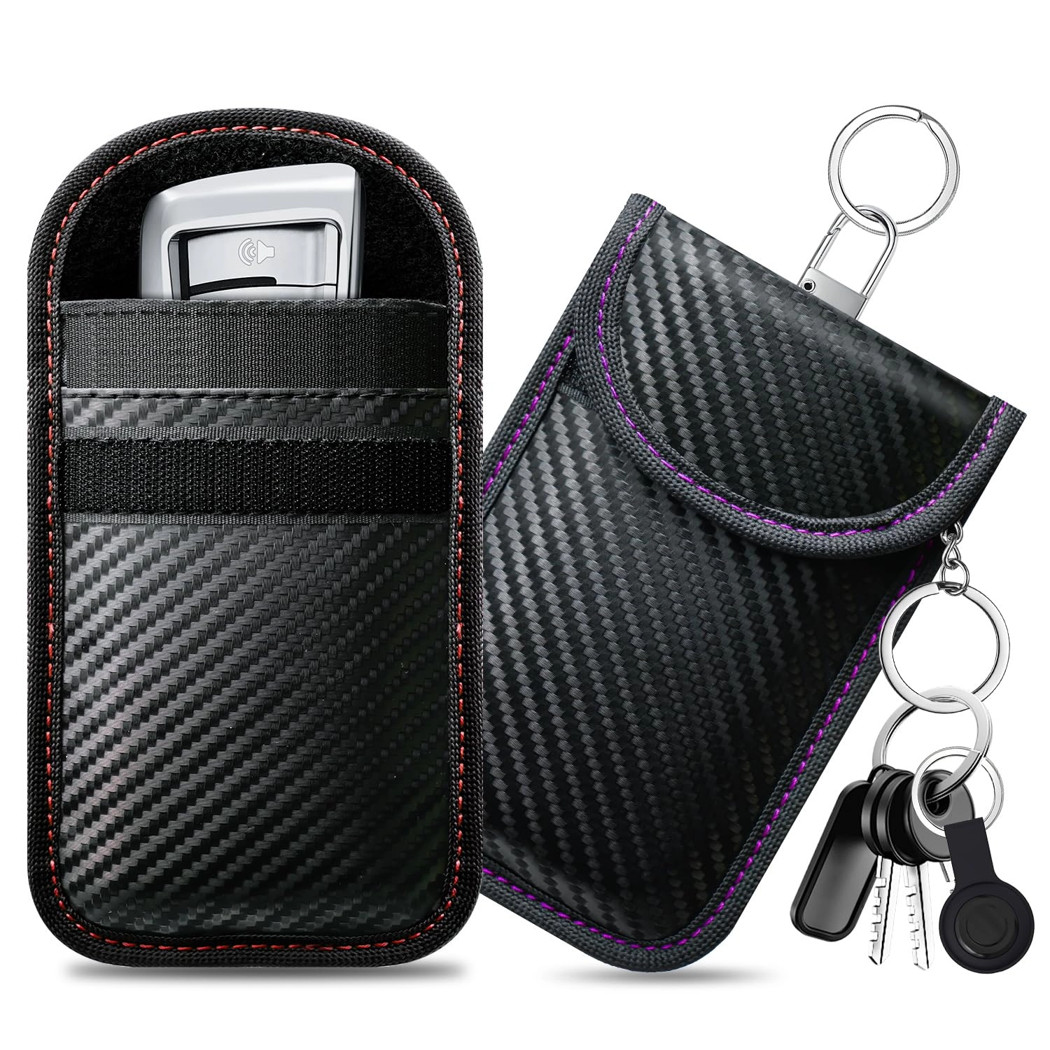 caslord Faraday Pouch for Car Keys - Pack of 2 Red Purple 4 Key Rings