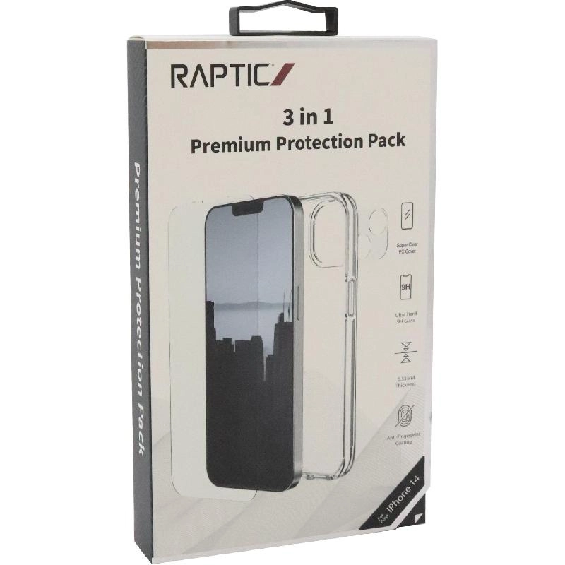 Raptic Clear Case - Clear + Tempered Glass + Camera Lens Cover for iPhone 14