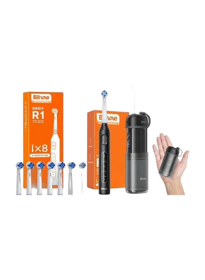 Bitvae R1 - Rotary Electric Toothbrush + Portable Water Flosser + P1 - Mini Dental Floss and Water Floss Pick + Cordless Telescopic Tank Oral Irrigator + Waterproof Cleaner - IPX7 + Travel Tooth Brush Companion