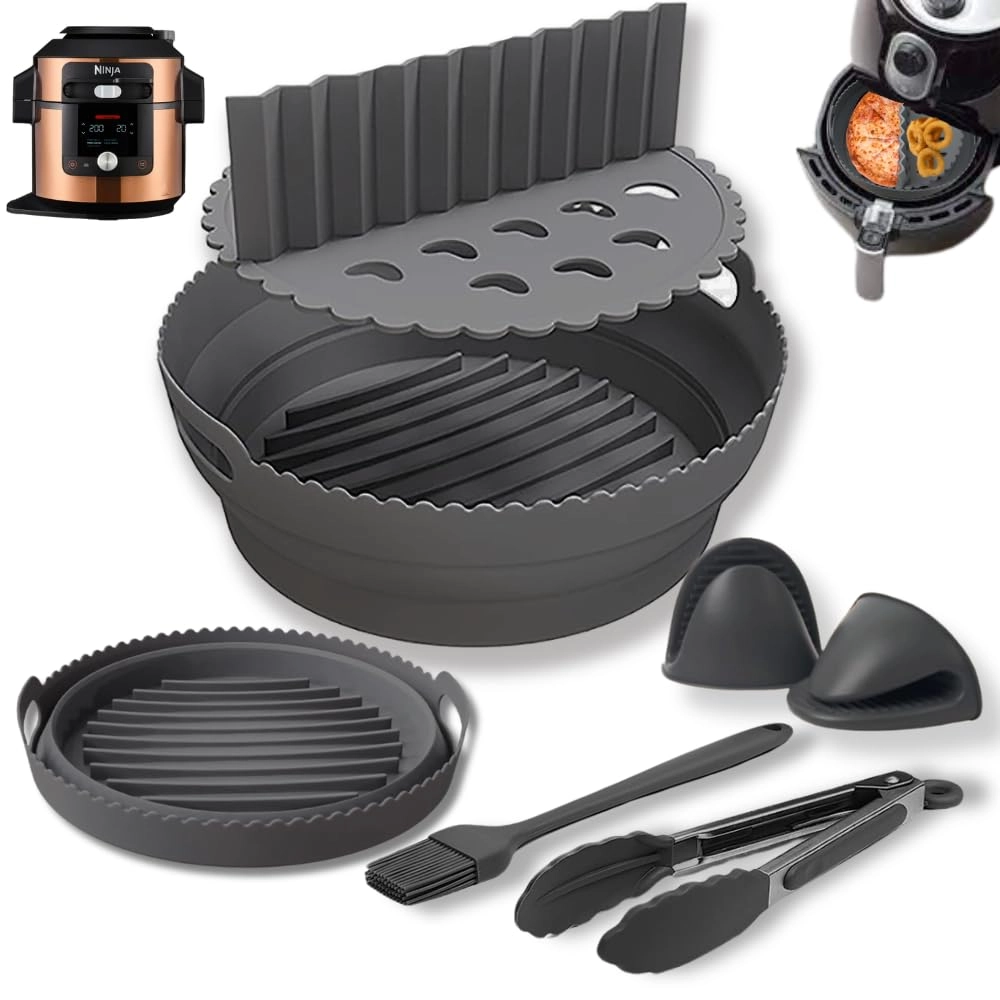 JacksGifts Round Air Fryer Silicone Liner + Divider Pad + Oil Brush + Food Tong + Silicone Gloves + Zipper Bag