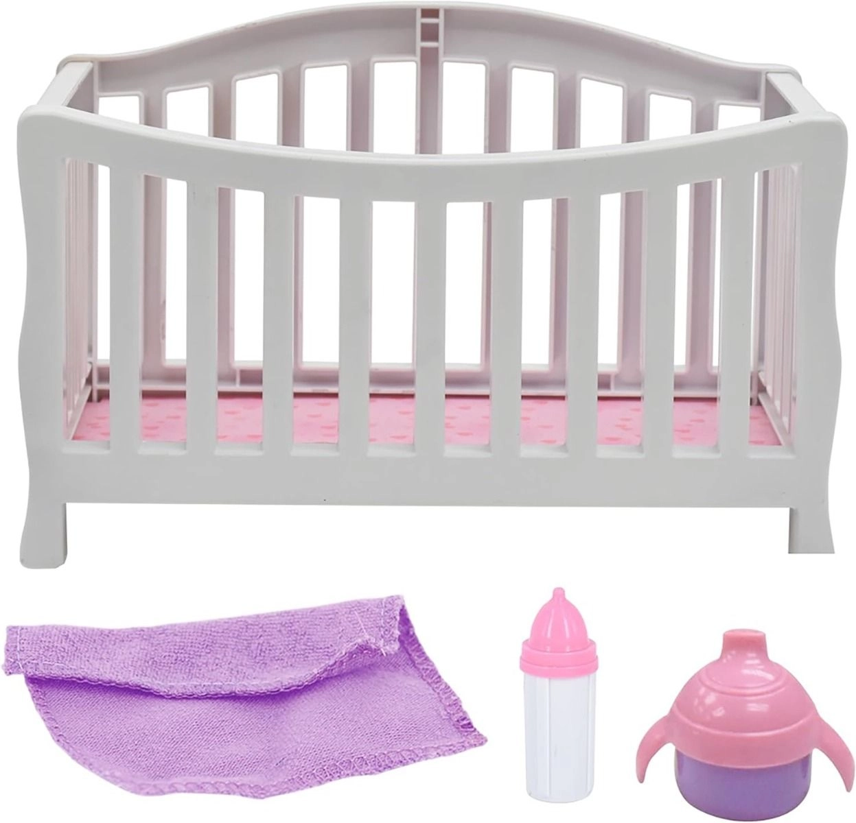 Little Darlings Doll - 8" fully poseable + Crib + blanket + milk bottle + sippy cup Ages 2+