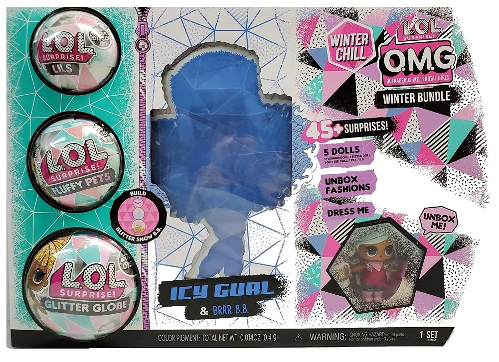 LOL OMG Icy Gurl Fashion Doll + Brrr B.B. Fashion Doll + Lils + Fluffy Pet + Glitter Globe