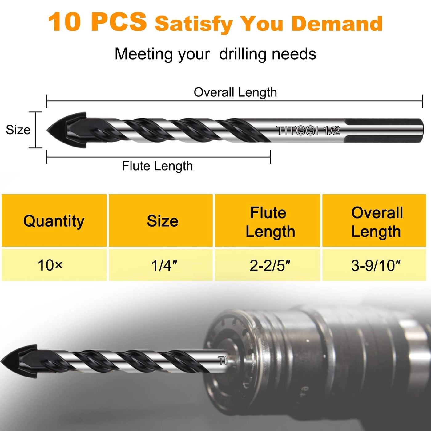 Masonry Drill Bit Set - Carbide 10PCS 1/4"