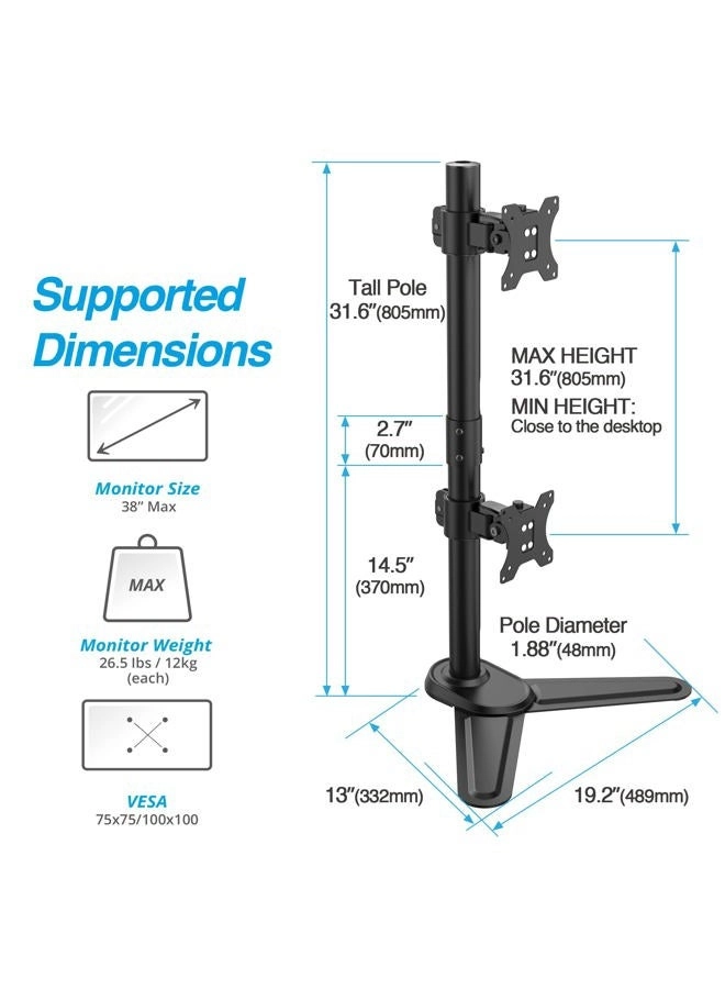 Vertical Ultrawide Monitor Mount Stand - Dual 38-inch VESA 75x75mm 100x100mm