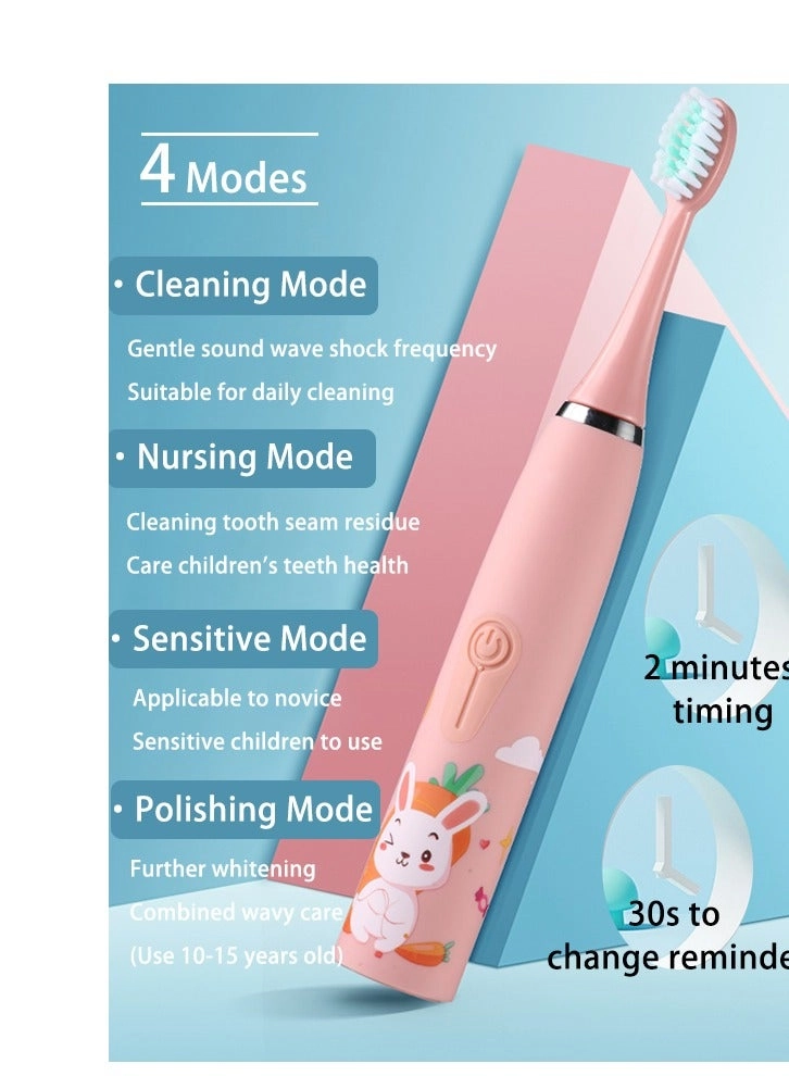 Kids Rechargeable Electric Toothbrush - 6 Brush Heads Timer USB Rechargeable