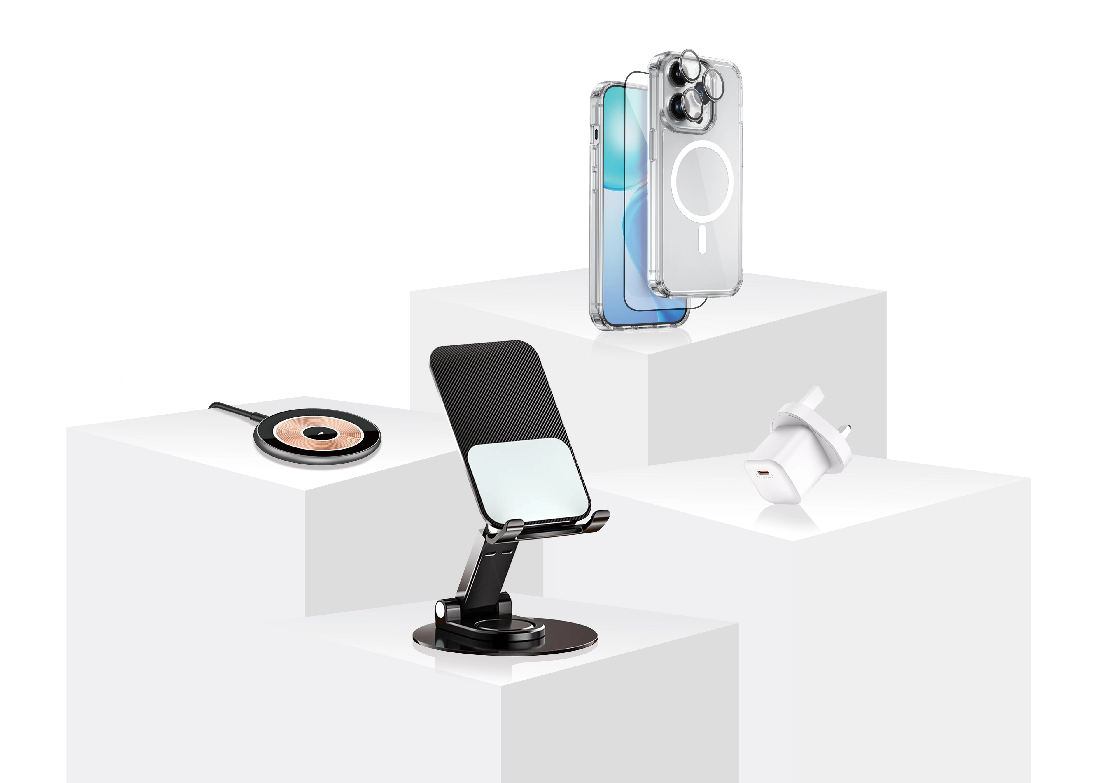 Magnetic Case - iPhone 15 Pro Max + Tempered Screen Protector - iPhone 15 Pro Max + Camera Lens Protector - iPhone 15 Pro Max + Magnetic Wireless Charger + Swivel Folding Stand + 30W GaN Charger