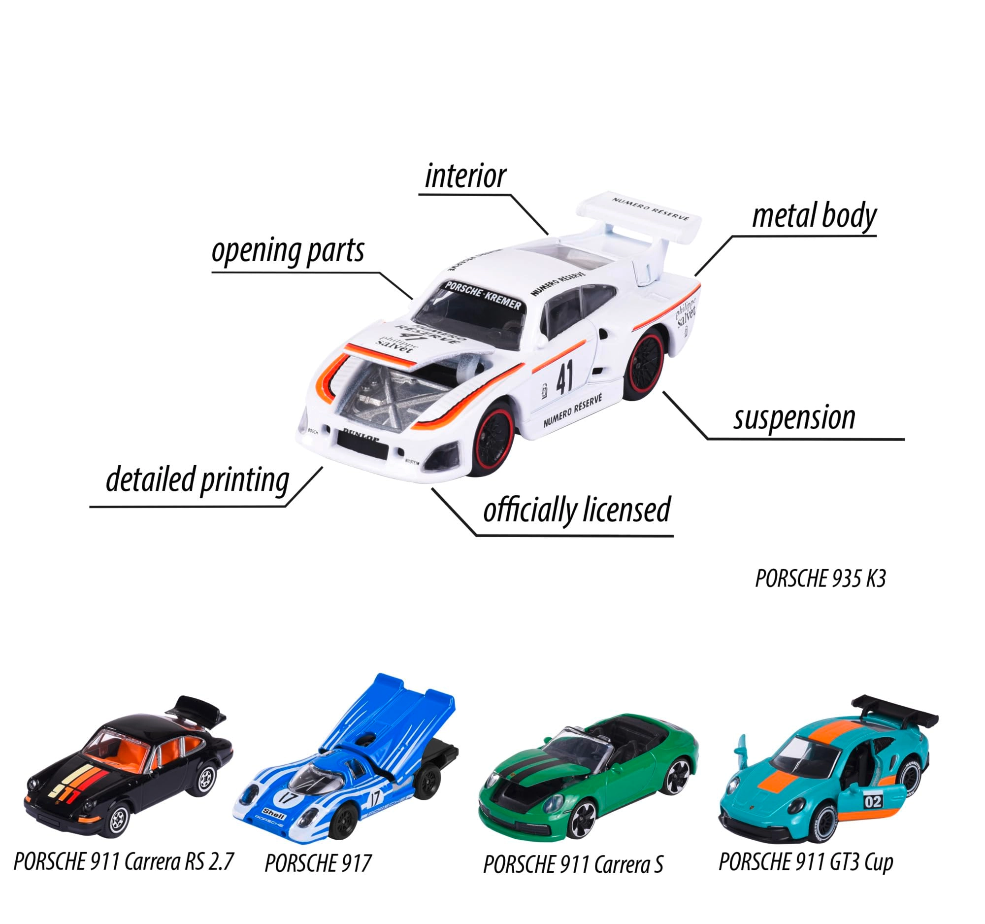Porsche 917 + Porsche 911 Carrera RS 2.7 + Porsche 911 Carrera S Cabriolet + Porsche 935 K3 + Porsche 911 GT3 Cup (992) - 1:64 5pcs