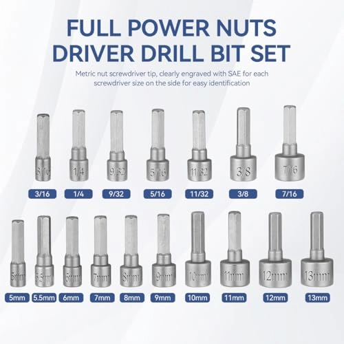 Power Nuts Driver Drill Bit Tools Set - 23Pcs 1/4'' Metric SAE