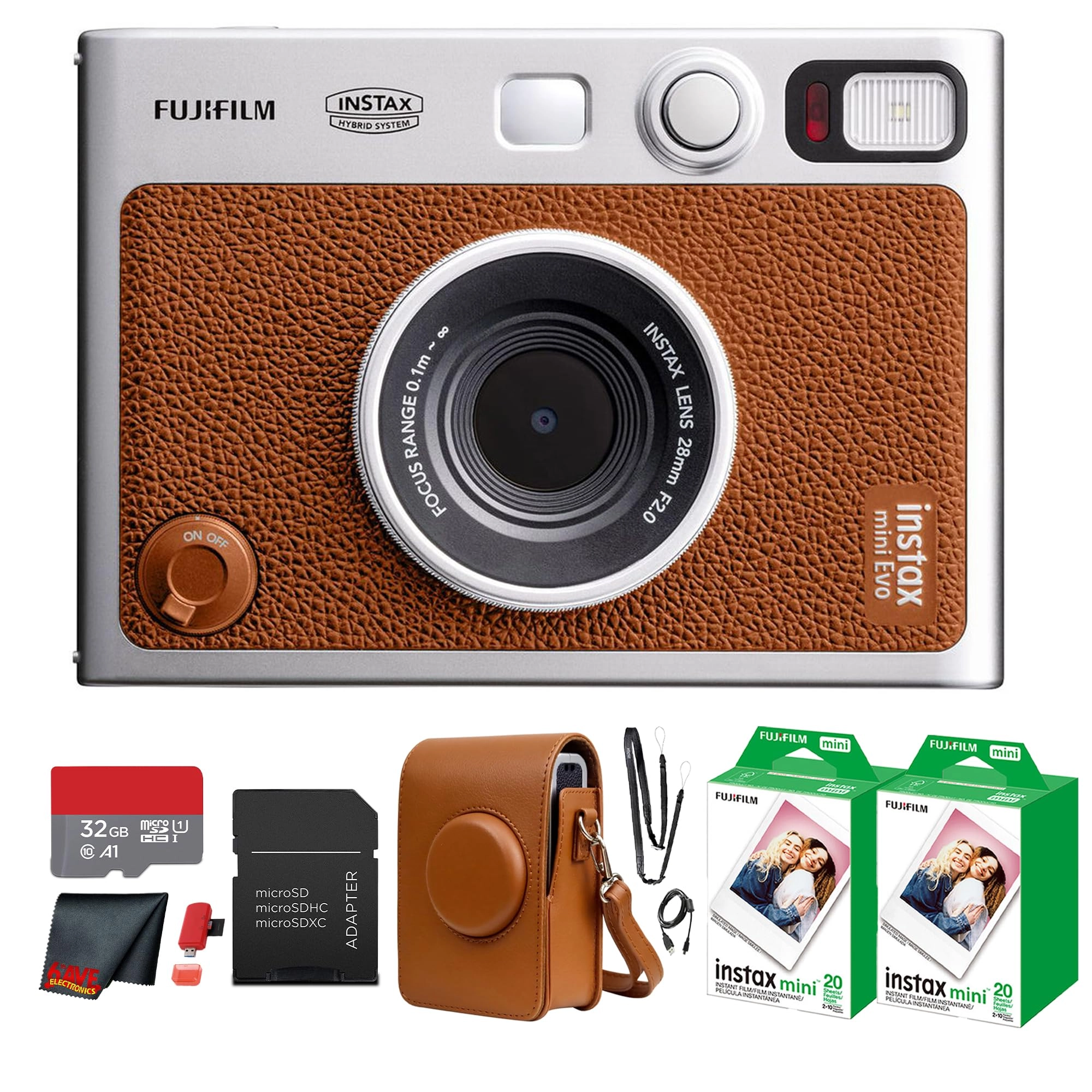 Instax Mini EVO - Brown + Instax Mini Instant Film Sheets - 60 Sheets + microSD Memory Card - 32GB + Small Padded Carrying Case + SD Card Reader + Microfiber Cleaning Cloth