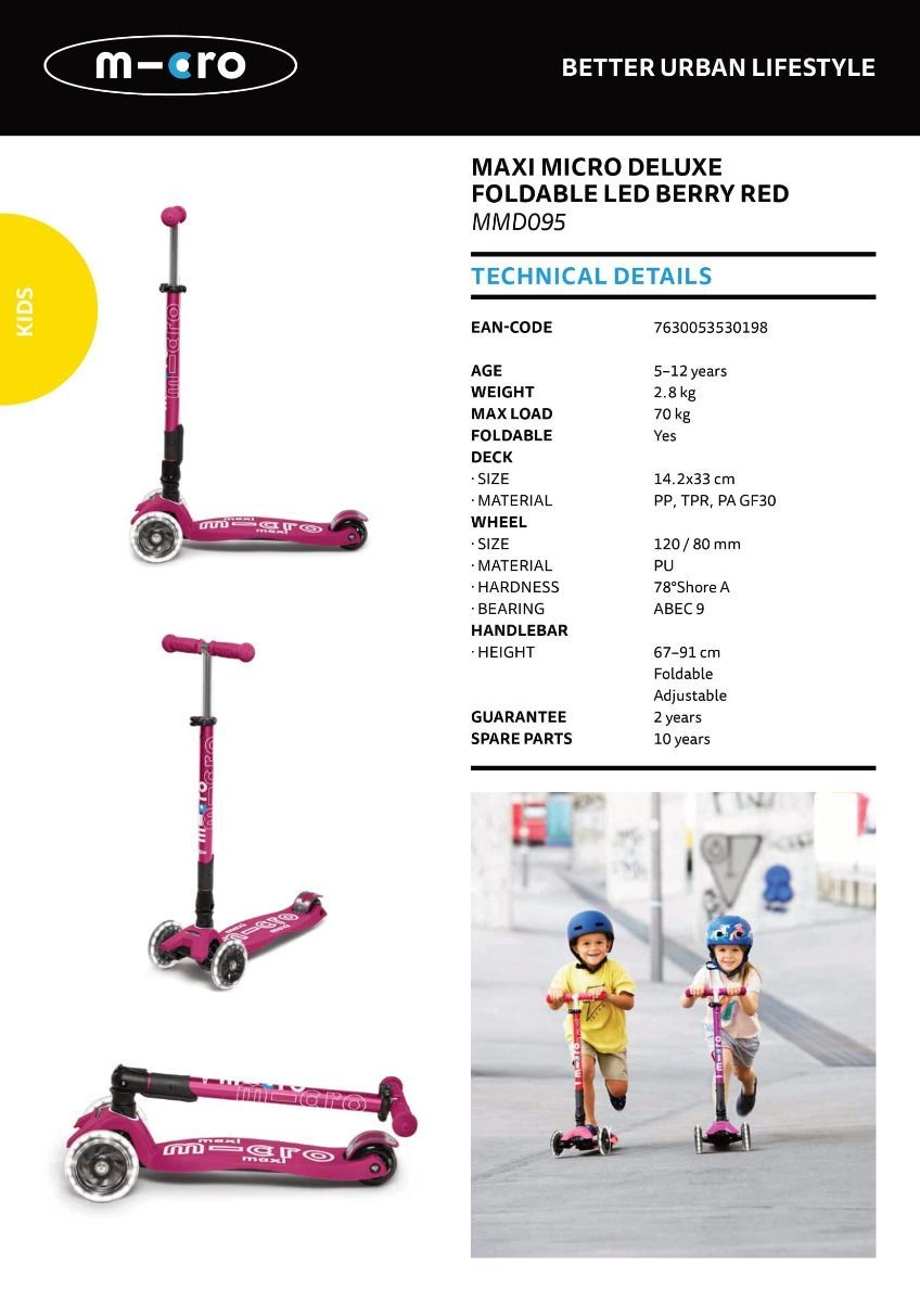 Maxi Deluxe 3-Wheel Kick Scooter – 120/80 mm LED Foldable