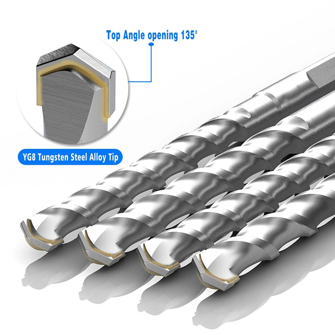 SDS Plus Drill Bits - YG8 Tungsten carbide 10-Piece 3/16" 1/4" 5/16" 3/8" 1/2"
