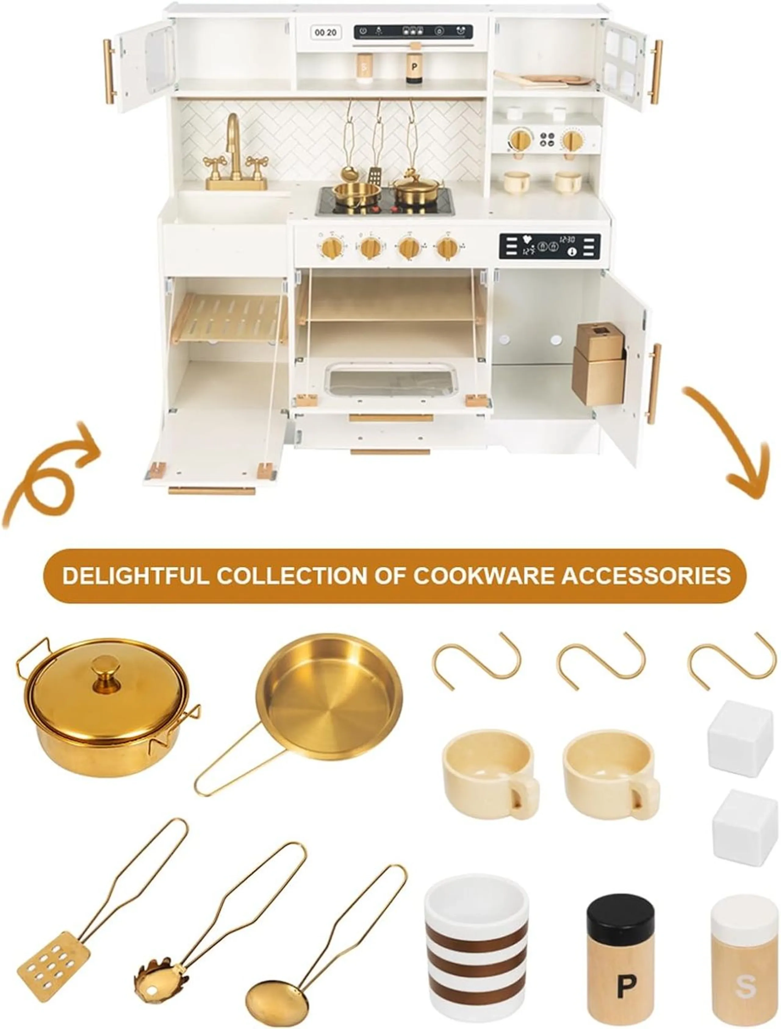 Wooden Kitchen Kids Interactive Pretend Play Set - toddler-sized durable (5551007-W10C923)