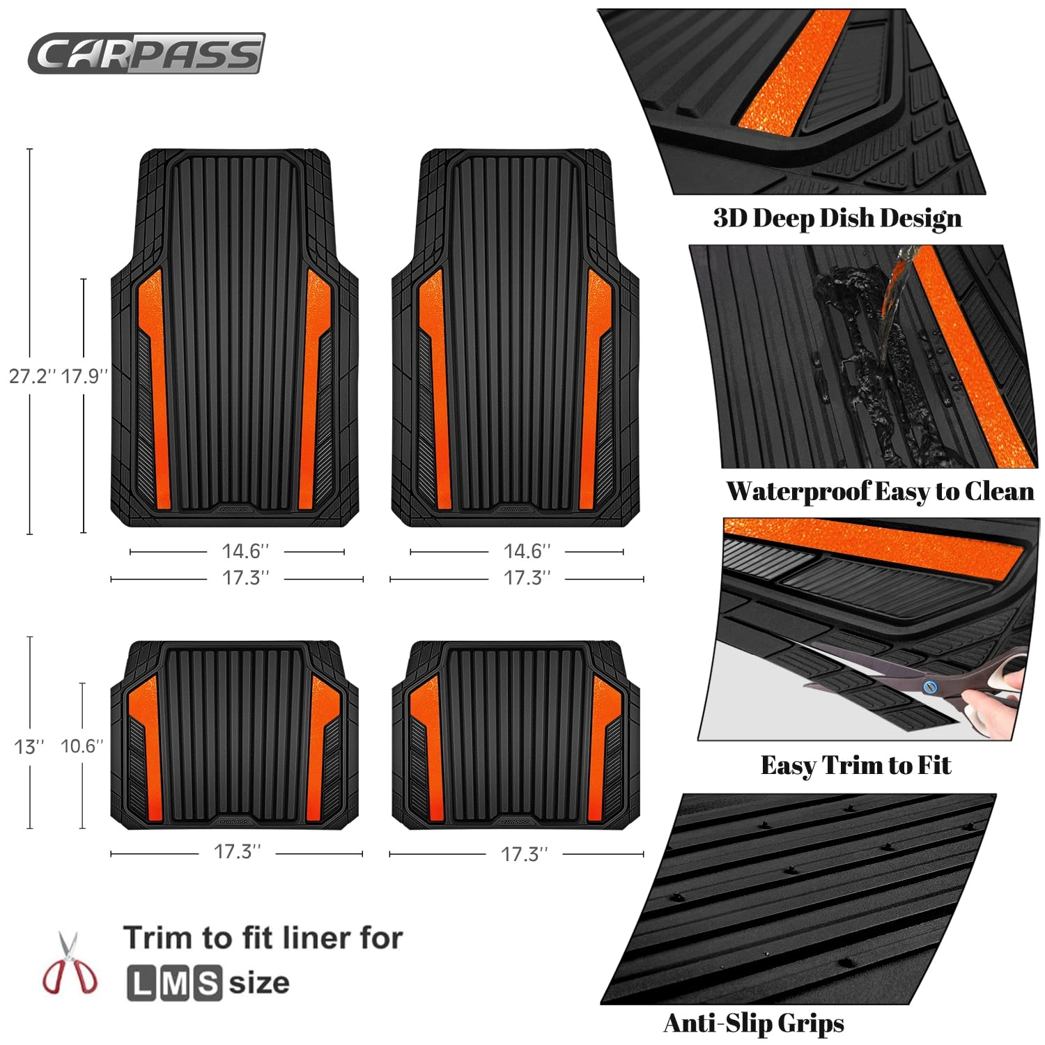 Heavy Duty Rubber Car Mats - All Weather Anodized Universal Fit