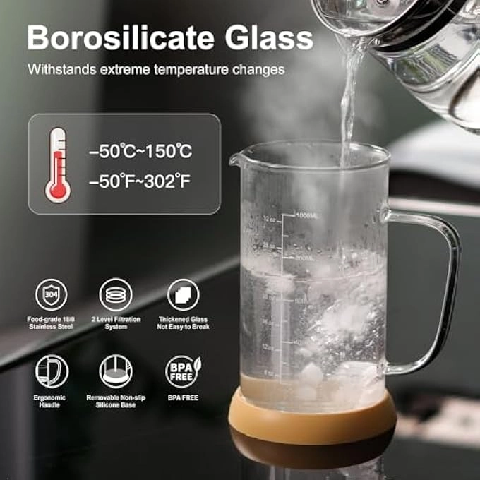 French Press - Borosilicate Glass Bamboo Lid