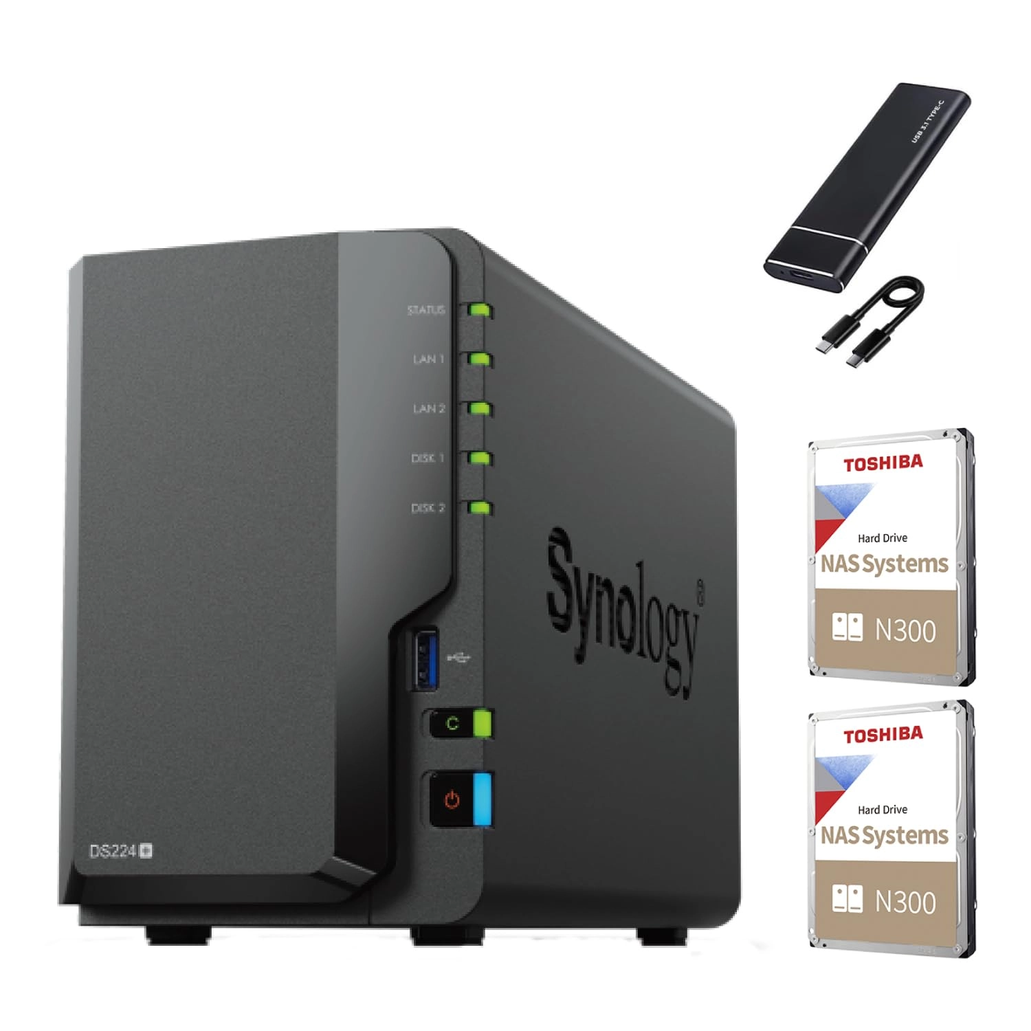 Synology DS224+ 2-Bay 12TB - Includes External SSD 512GB for Backup