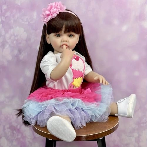 Reborn Baby Doll - 55 CM Vinyl Body Girl Brown Long Hair Ages 3+