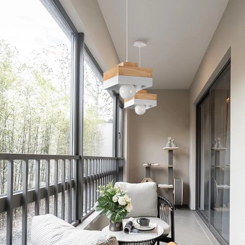 Vintage E27 Square Wood Pendant Light