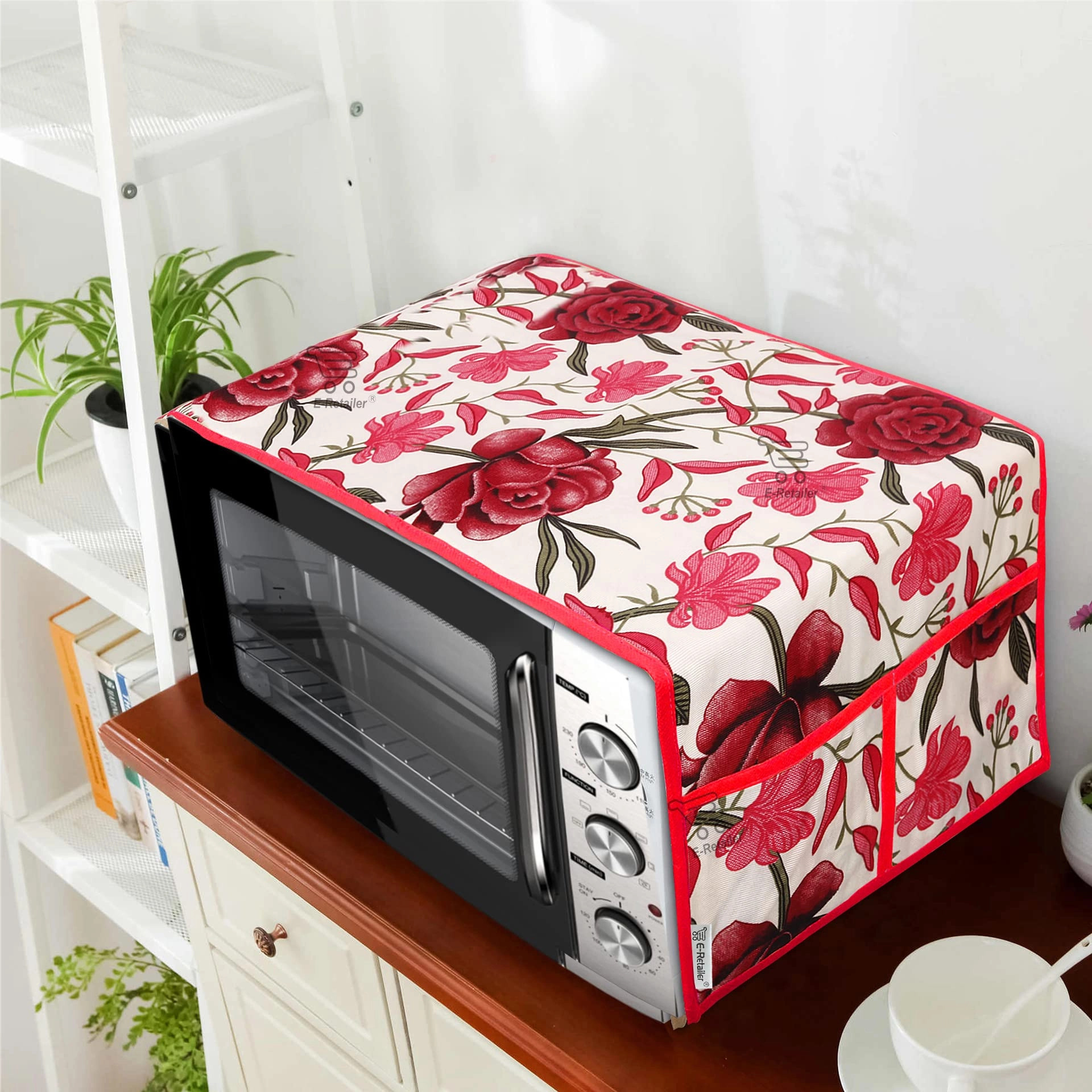 Microwave-Oven Top Cover - Polyester 3-Layered 4 Pockets Maroon